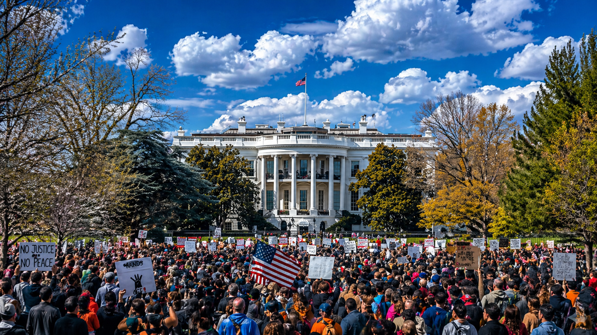 Large crowd protesting outside the White House holding signs and American flags.