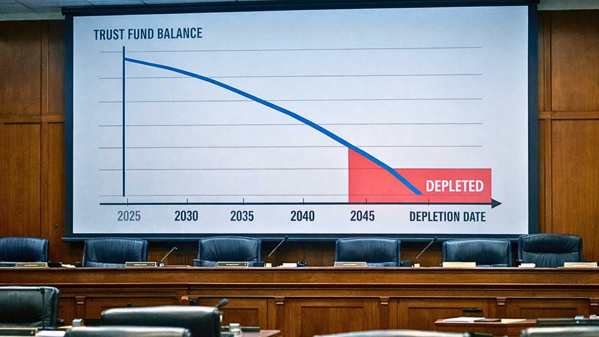 A wide shot of a congressional hearing room with a large screen displaying a line graph.