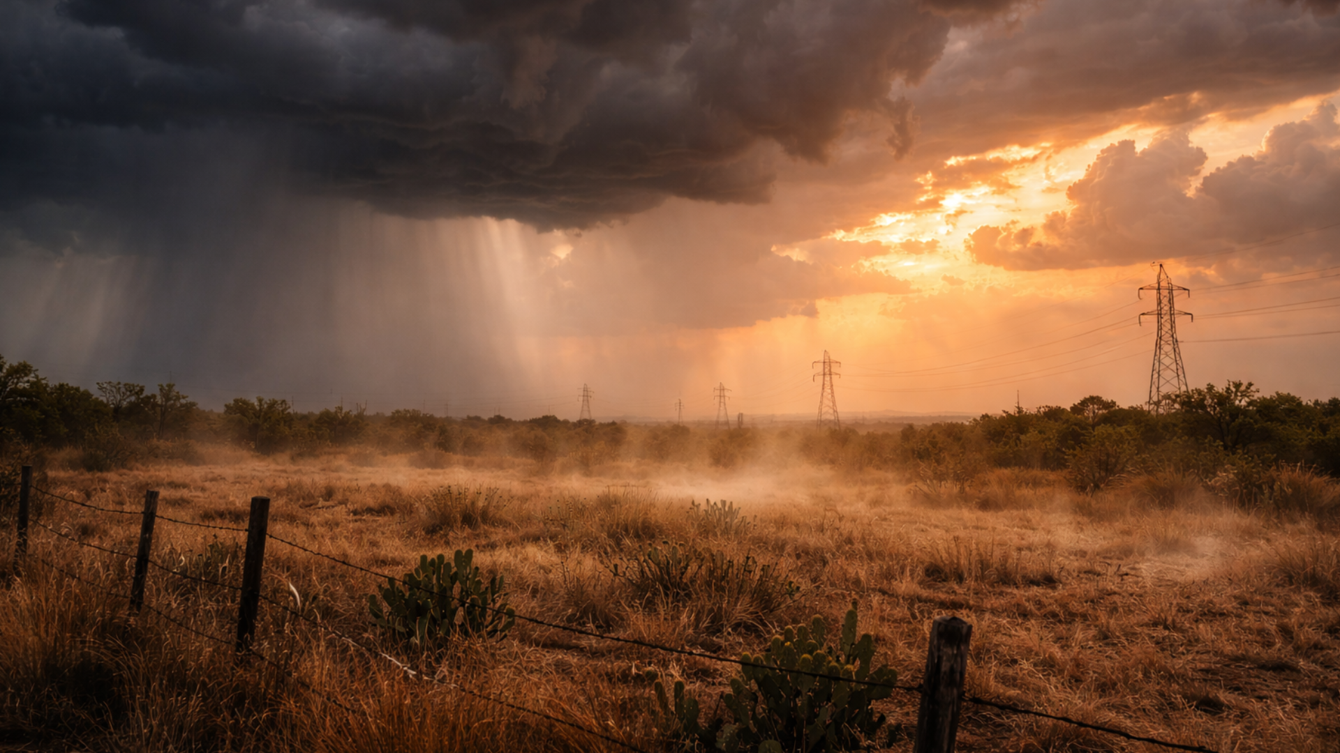 A dramatic landscape at sunset where dark, heavy rain clouds loom over a dry, brown field of grass and cacti; dust is being kicked up by the wind as the storm approaches.