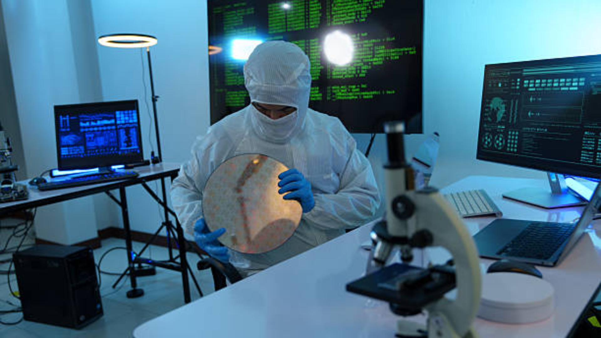 A technician in a white cleanroom suit and blue gloves inspects a silicon wafer in a high-tech lab.