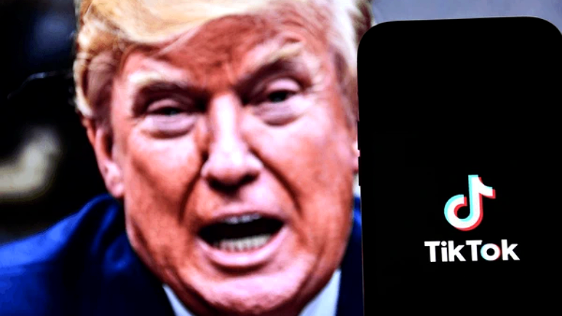 A split-screen graphic showing a close-up, slightly blurred image of Donald Trump looking toward the side on the left, and the white TikTok logo on a black background displayed on a smartphone screen on the right.