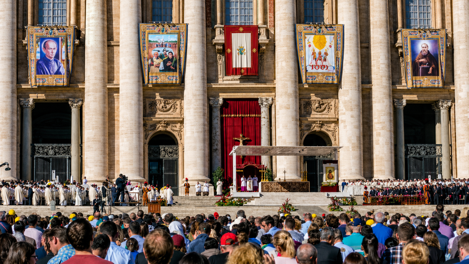 Catholic mass at St. Peter’s Basilica with clergy and large crowd gathered in Vatican City.