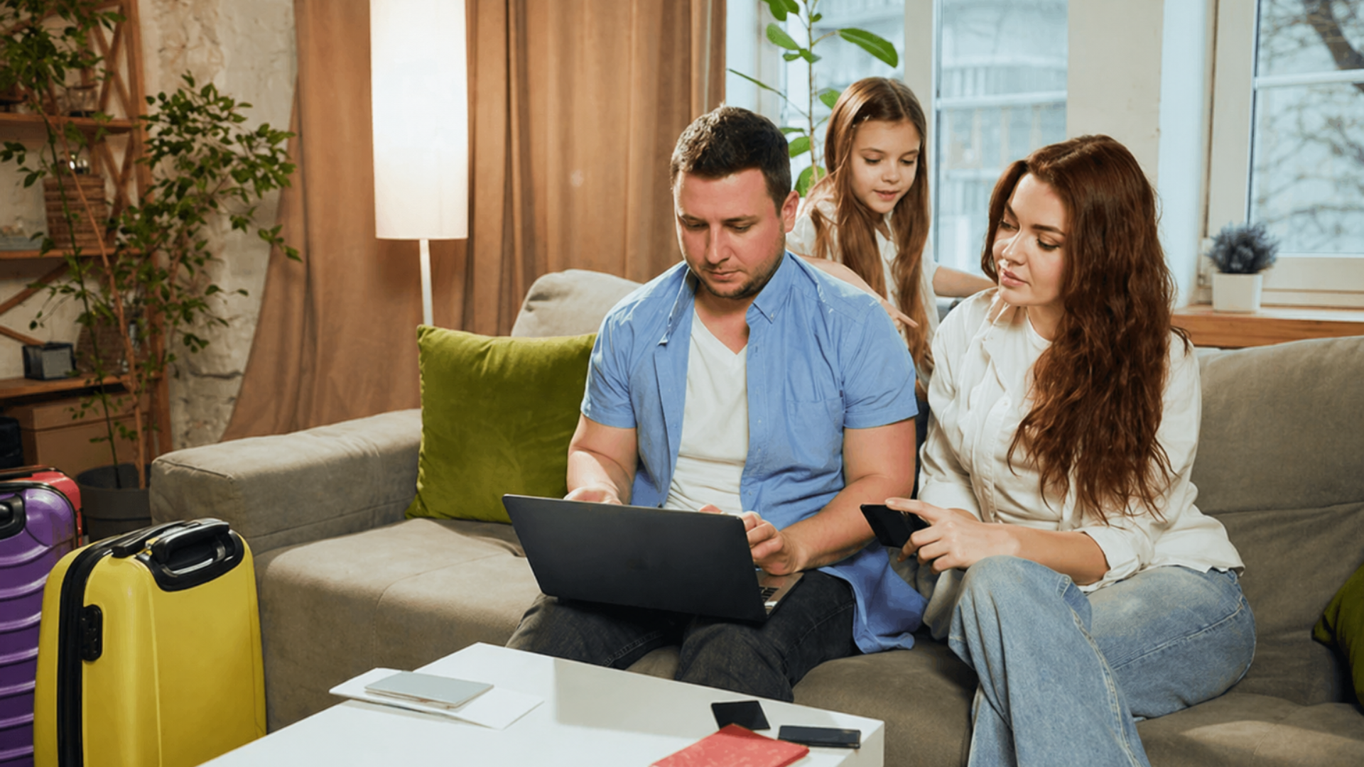 Family sits on a couch using a laptop and phone while planning travel with suitcases nearby.