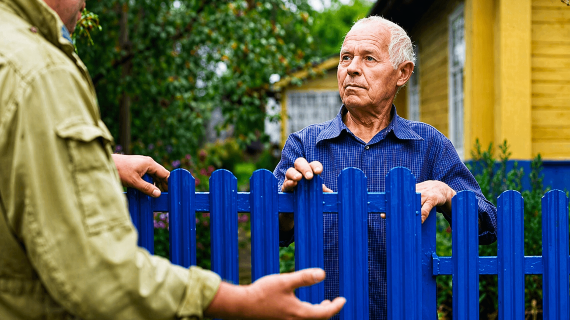 Elderly man speaking with neighbor over blue fence outside house.