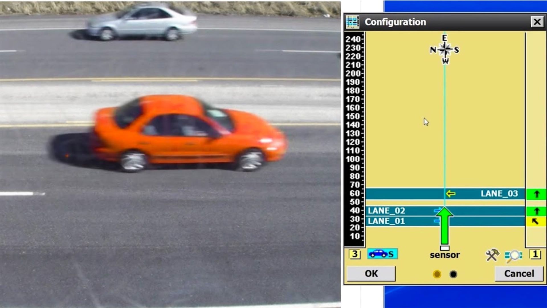 Split view showing a moving orange car on a road and a screen labeled "Configuration" with lane markings labeled "LANE_01 LANE_02 LANE_03" and a "sensor" indicator pointing upward.