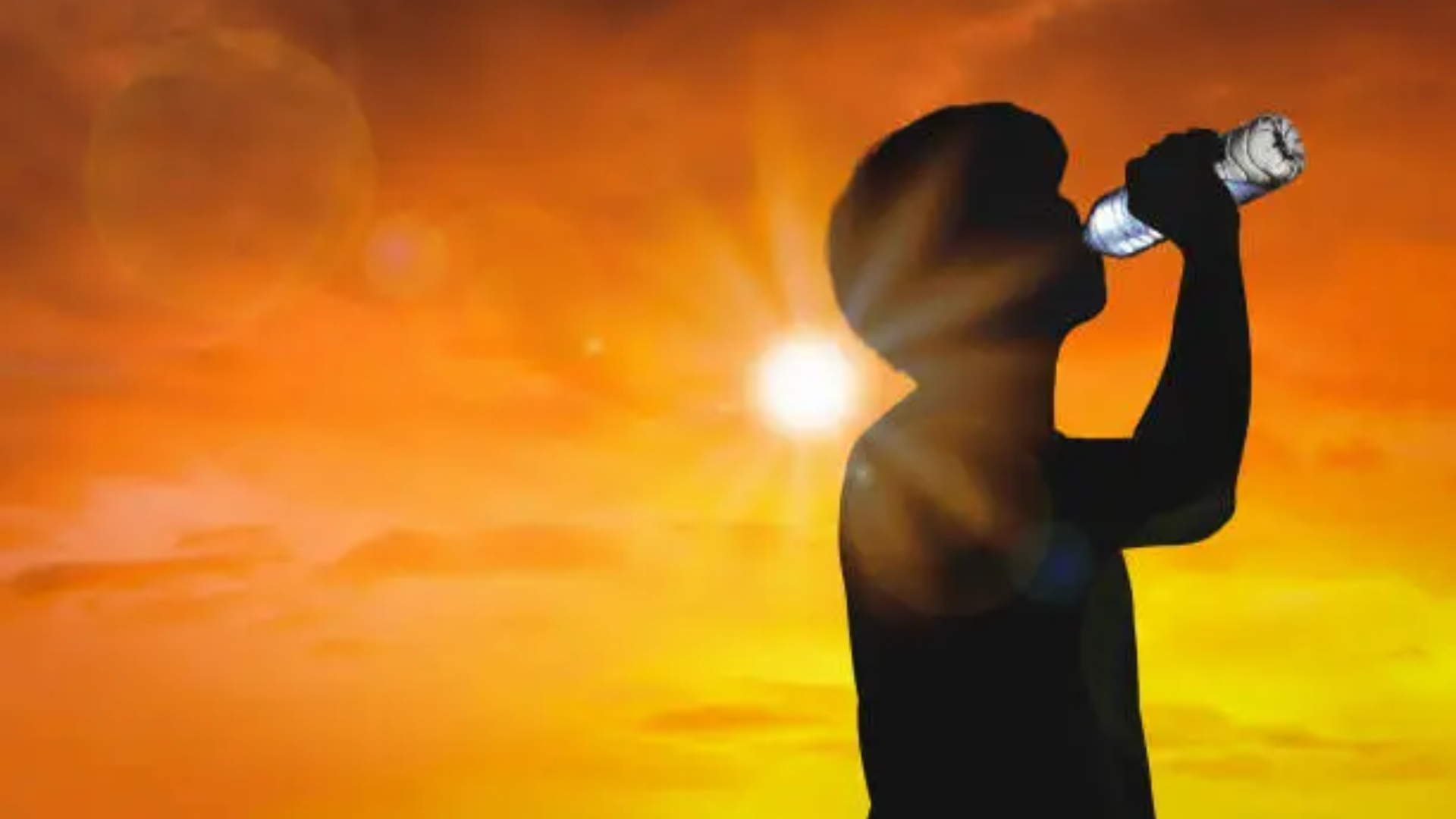 A silhouette of a person tilted back, drinking from a plastic water bottle against an intense, glowing orange and yellow sunset, symbolizing extreme heat and the necessity of hydration.