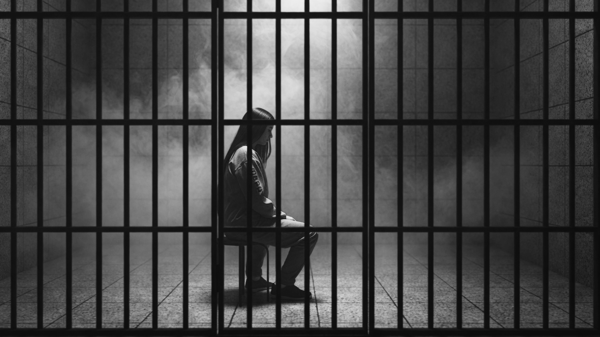 A dramatic black-and-white image of a person sitting alone on a chair inside a dark jail cell, silhouetted by light streaming through the metal bars, conveying a sense of isolation.