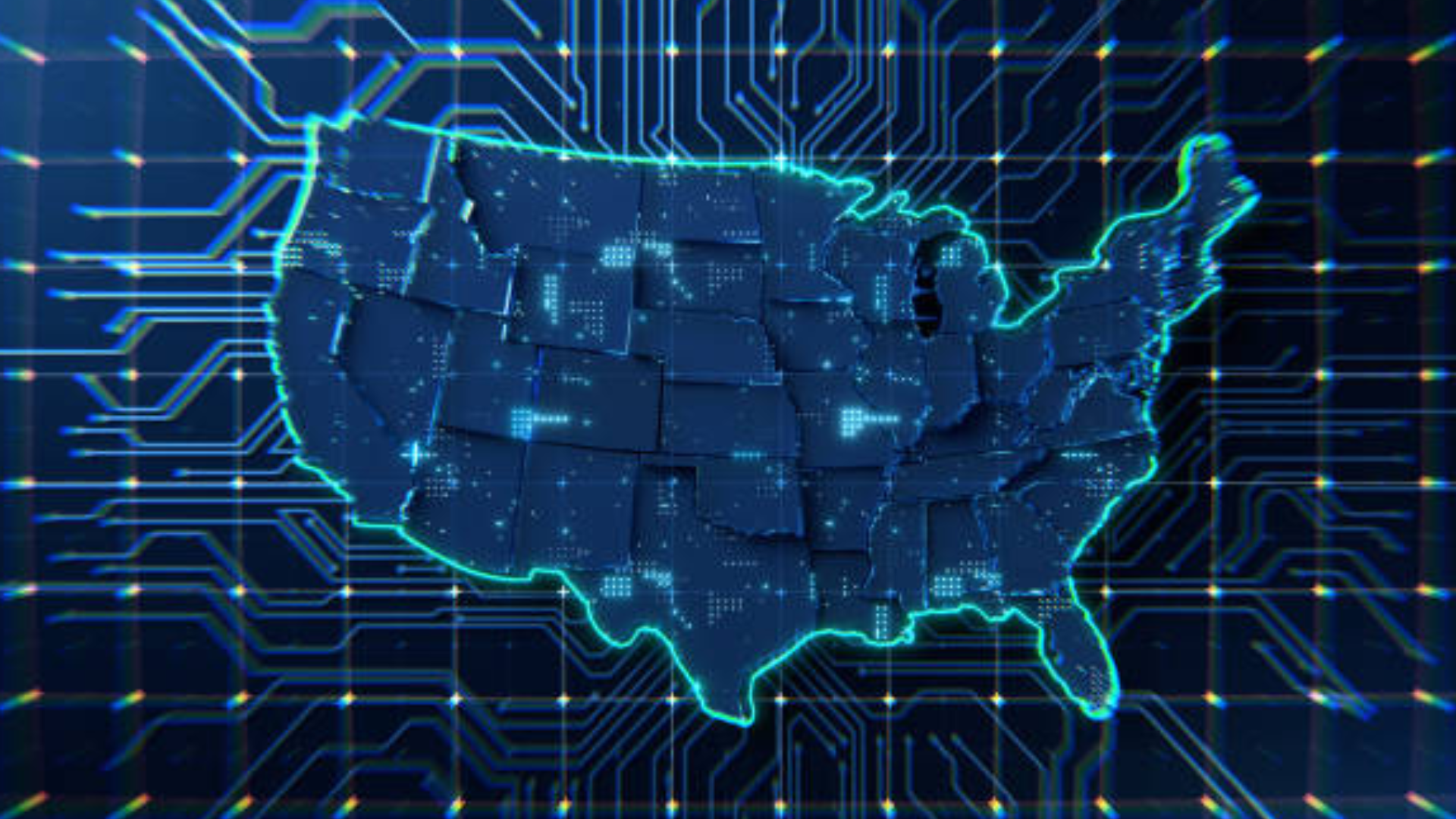 A stylized digital map of the United States glowing in blue, overlaid with circuit board patterns to represent the nation's tech infrastructure.