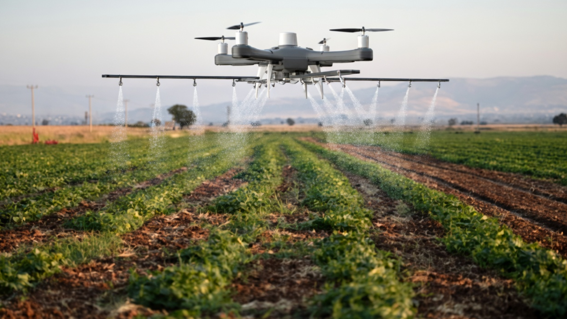 A close-up action shot of a specialized agricultural drone equipped with a long horizontal spray bar.