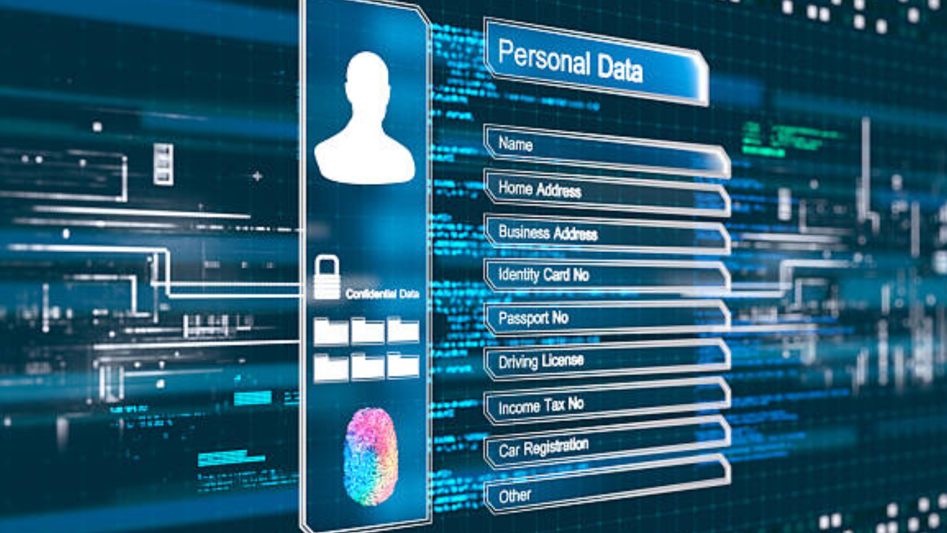 A glowing blue digital interface displaying Personal Data fields.