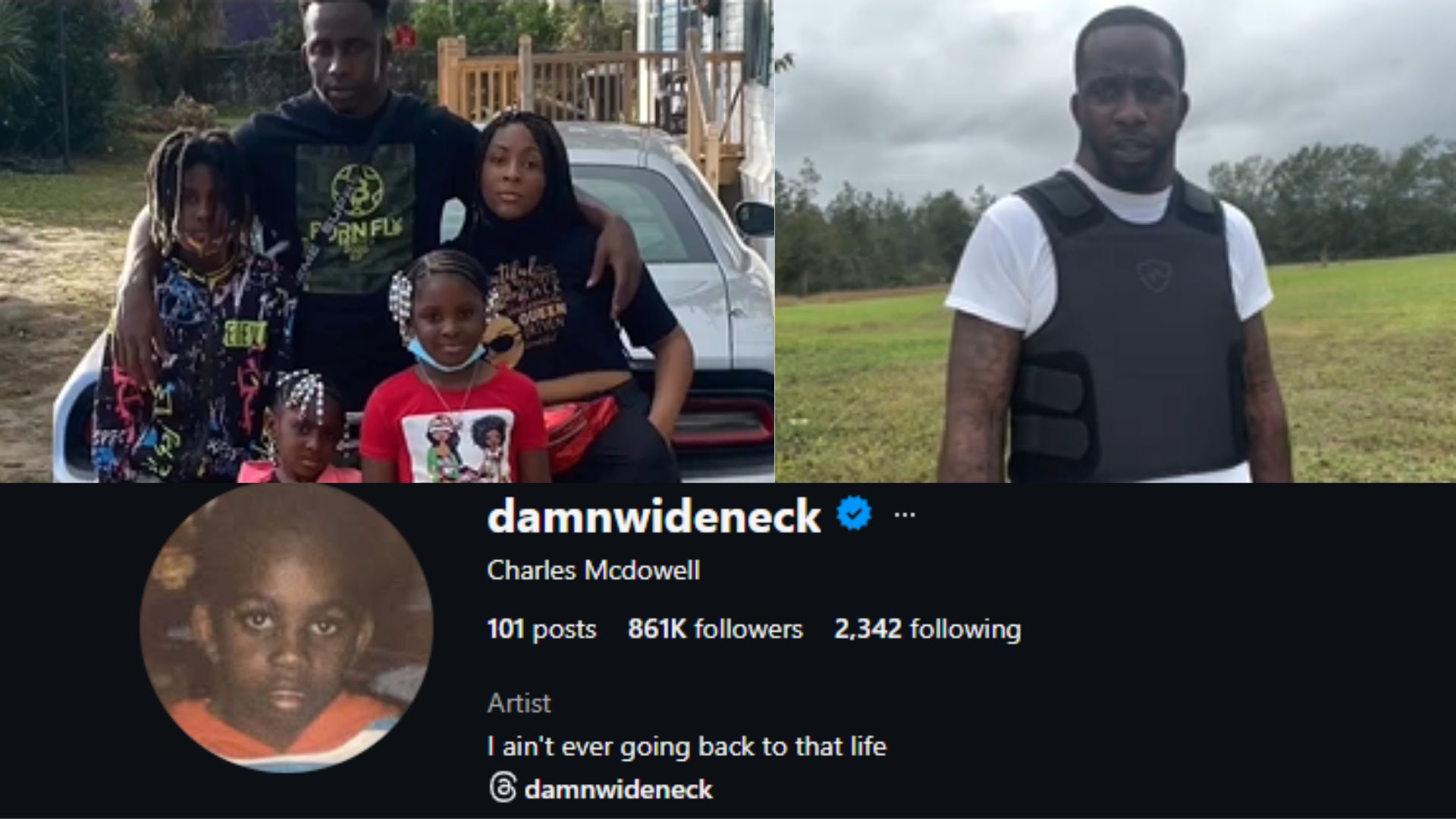 Screenshot of Instagram profile for Charles McDowell with family photo and follower count displayed.