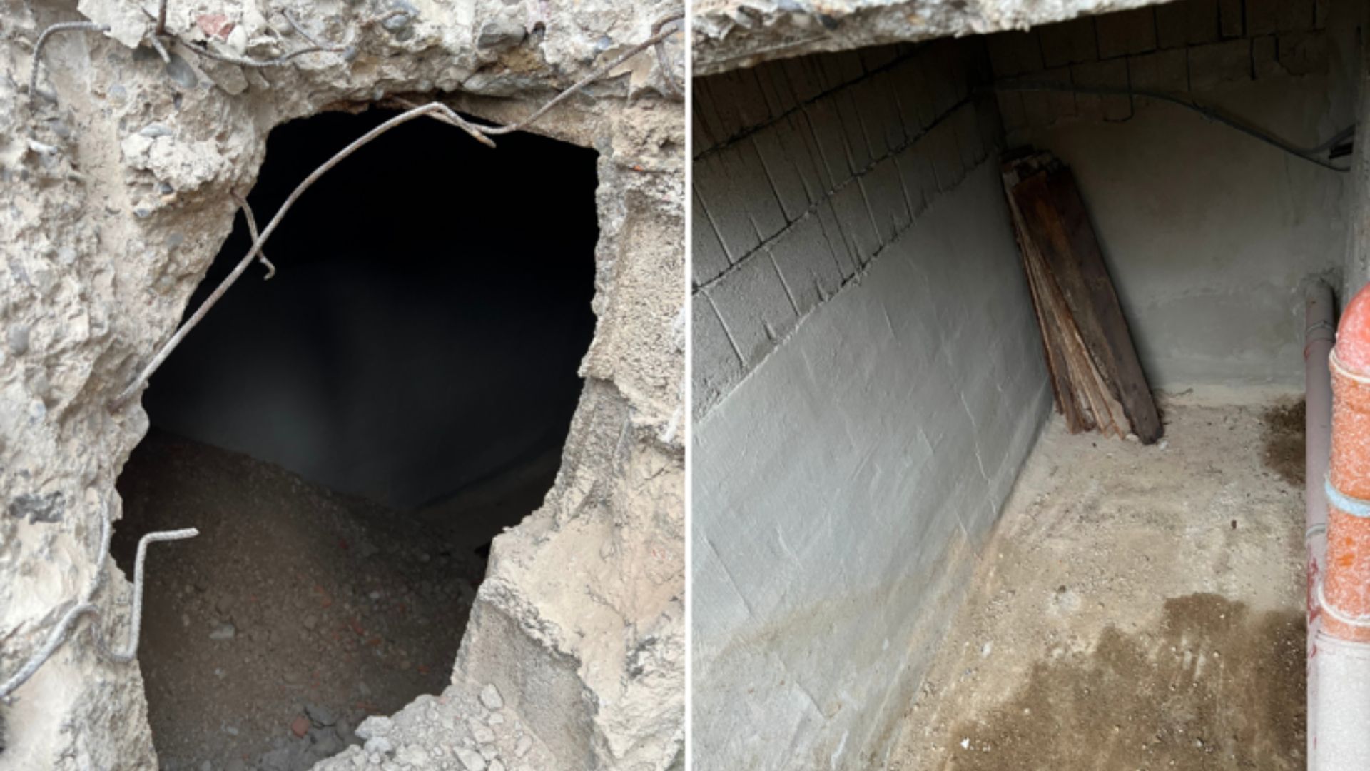 Split view of a hole leading to a hidden basement room beneath a home.