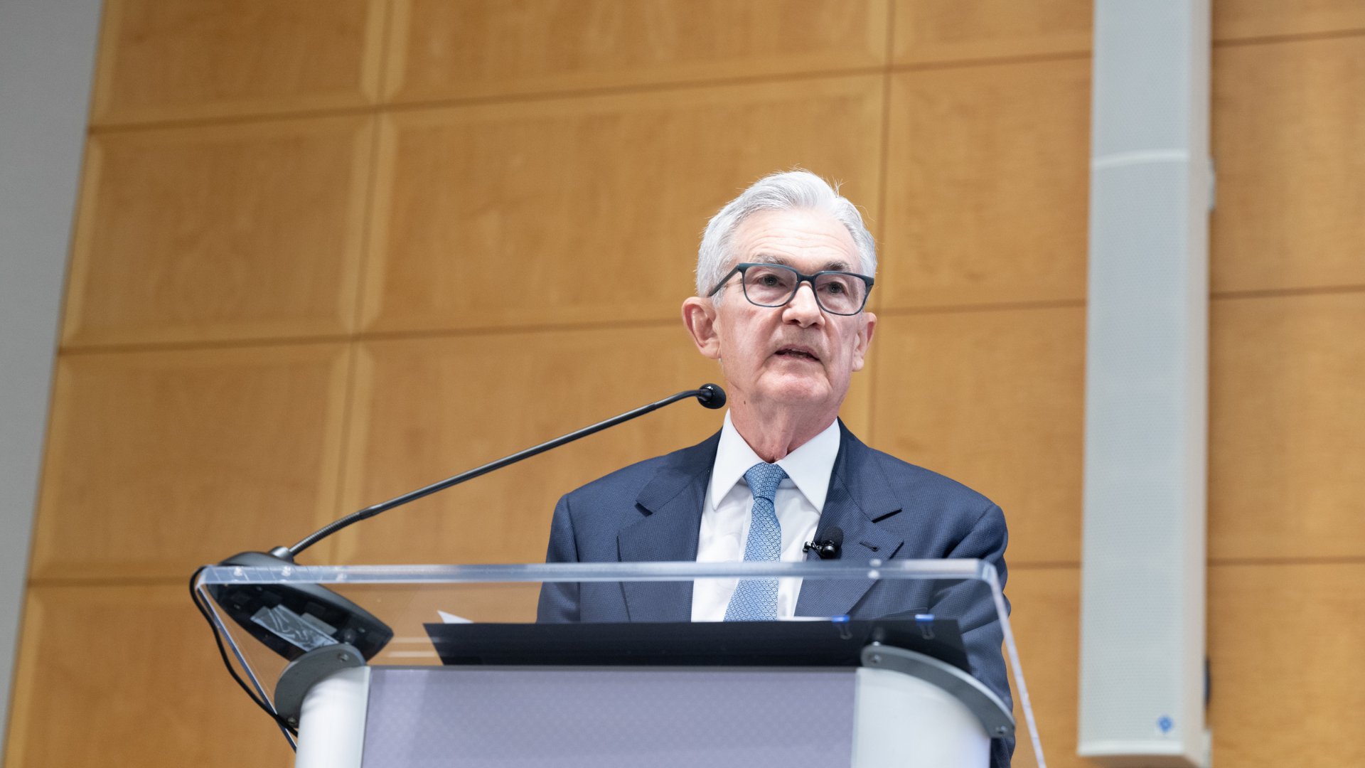 Federal Reserve Chair Jerome Powell speaking and looking straight ahead.