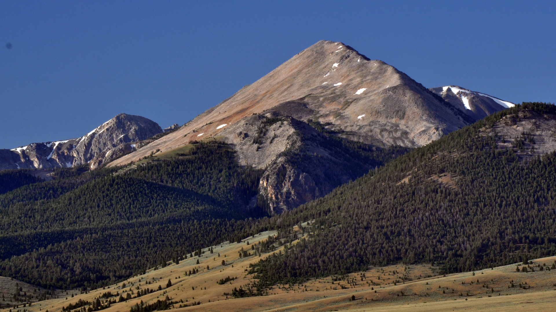 High, rocky mountain peaks with patches of snow rise above a vast, forested valley under a deep blue sky.