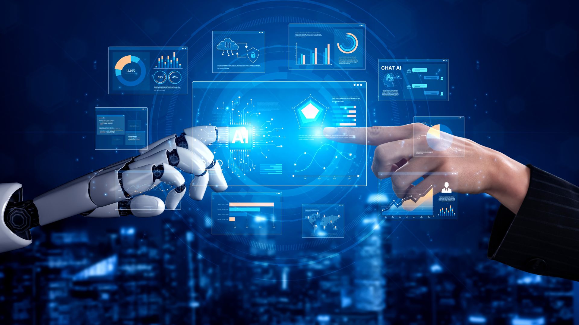 A robotic hand and a human hand reaching towards each other, surrounded by digital screens displaying graphs and data.