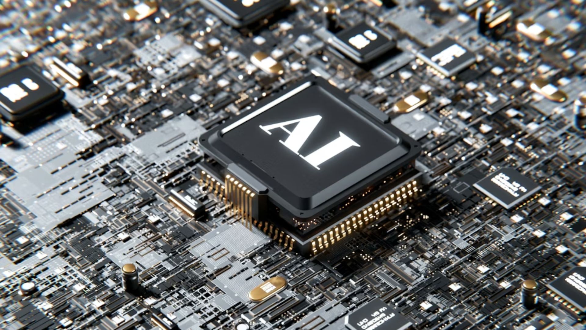 Close-up of a circuit board with a prominent black chip labeled "AI" in the center, surrounded by intricate circuitry.