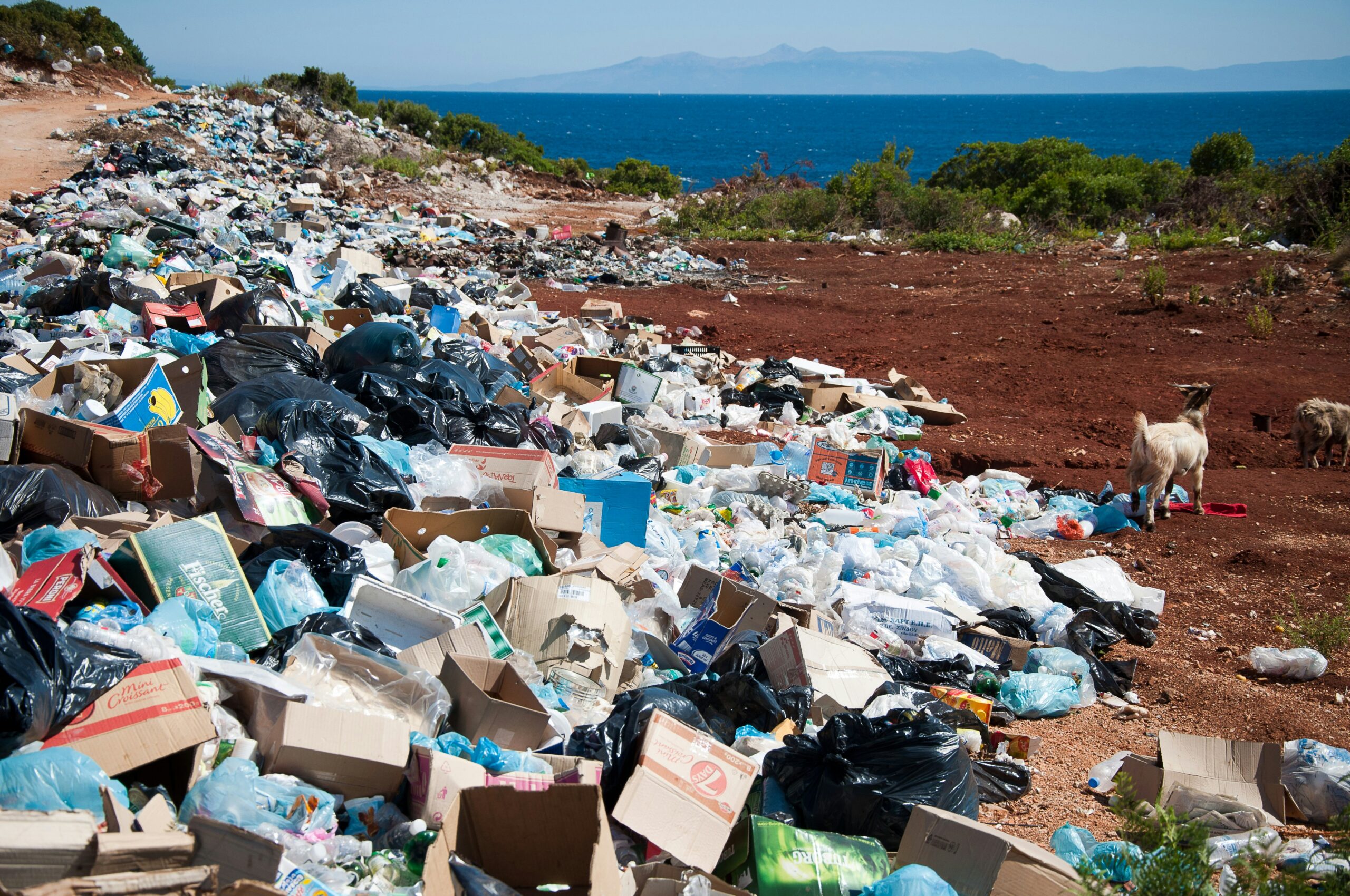 Large piles of garbage scattered along a coastal area near the sea.