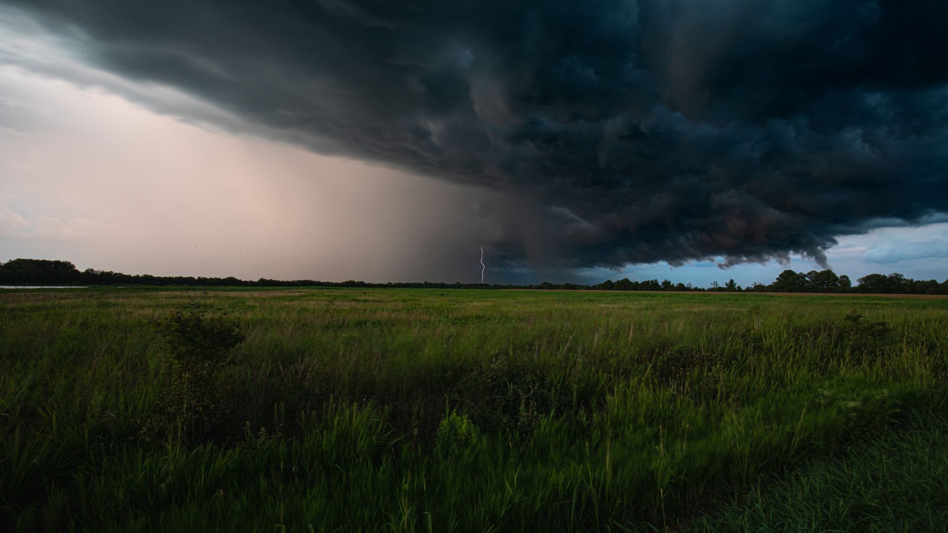 Massive dark storm clouds roll across an open grassy field while a lightning strike flashes in the distance.
