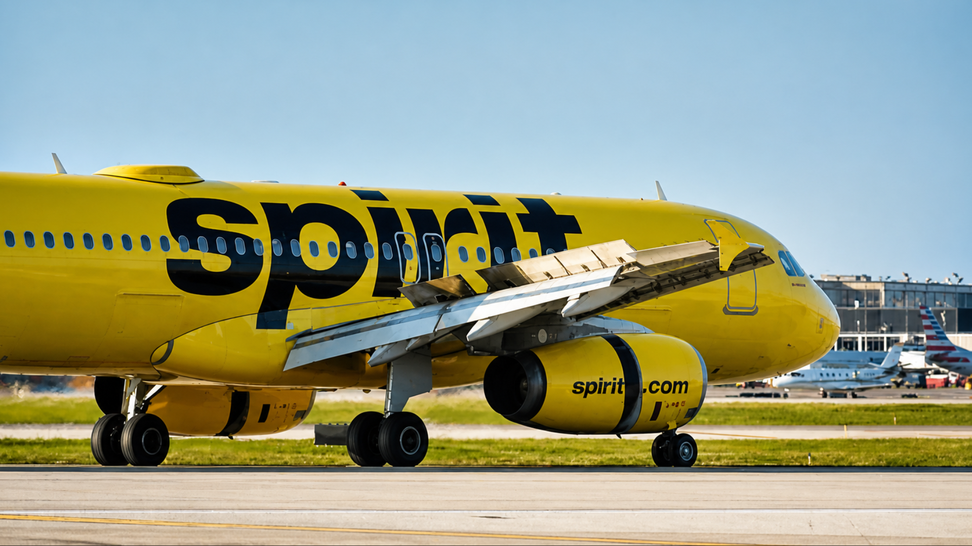 A profile shot of a bright yellow Spirit Airlines Airbus jet on a sunlit tarmac; the large black 