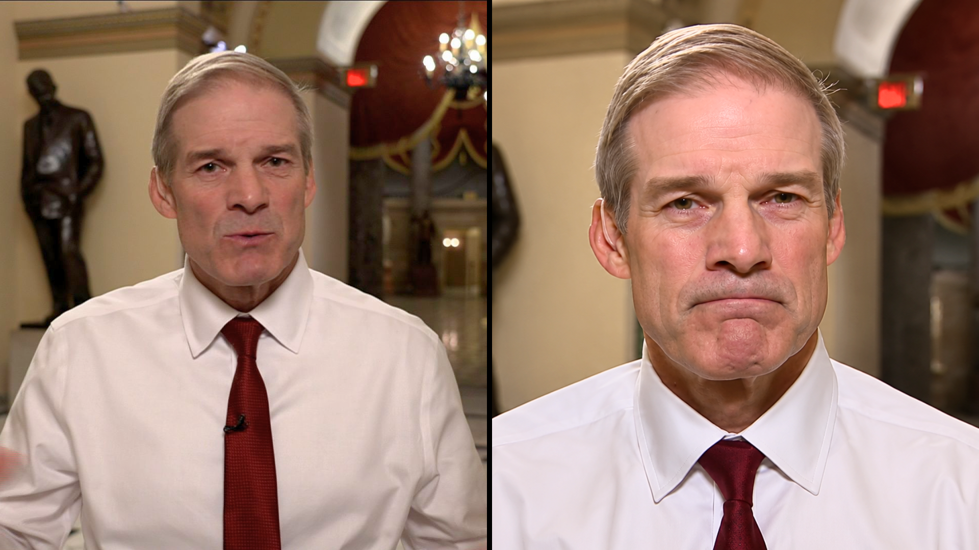 A split-screen portrait of Representative Jim Jordan speaking in a white shirt and red tie; the left shows him talking, while the right panel captures him with a tense, tight-lipped expression.