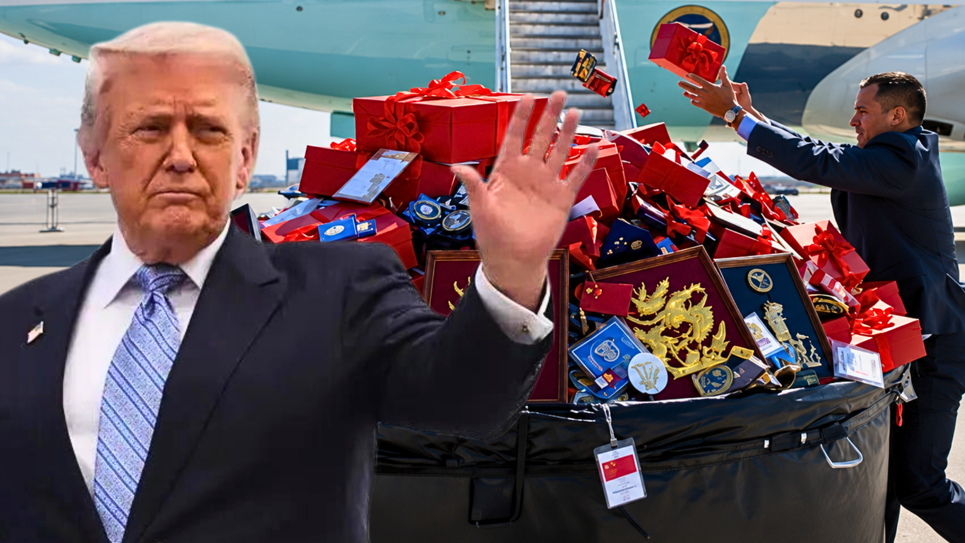 A composite image showing Donald Trump waving in front of a massive pile of wrapped red gift boxes, plaques, and commemorative items being loaded into a container next to an airplane.