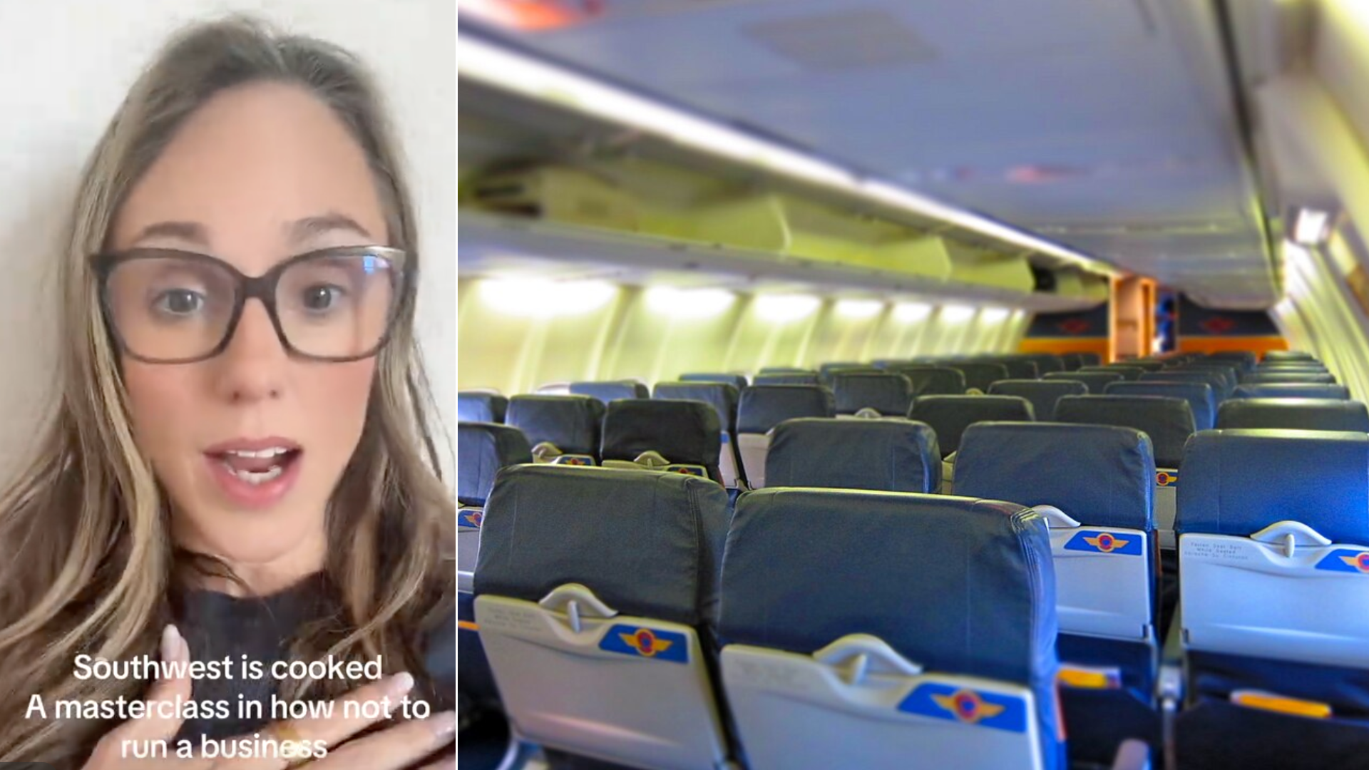 A split screen showing a woman speaking on video on the left and the empty interior of a Southwest Airlines cabin on the right.