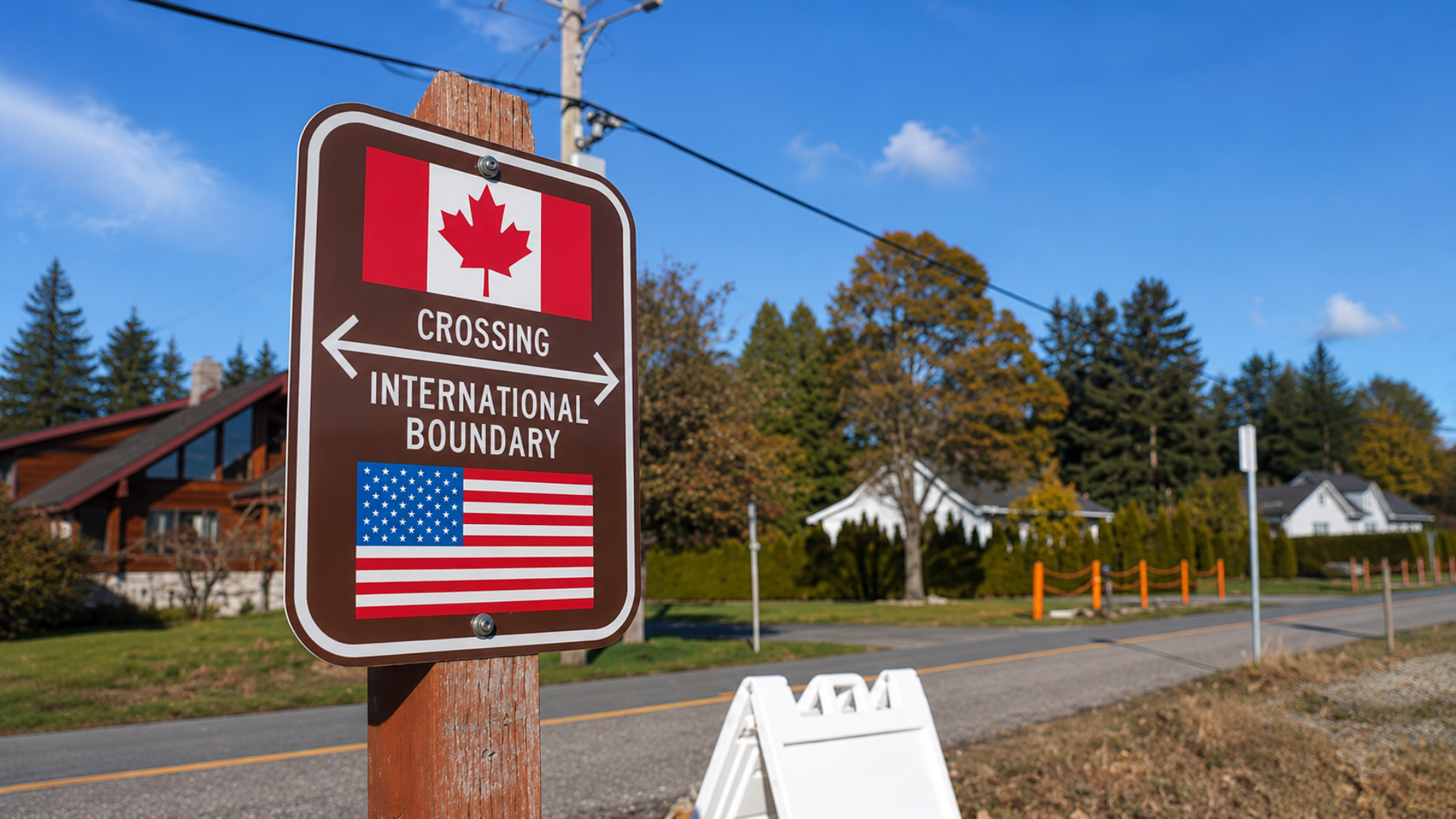 Sign marking the U.S.-Canada international border crossing along a roadside.