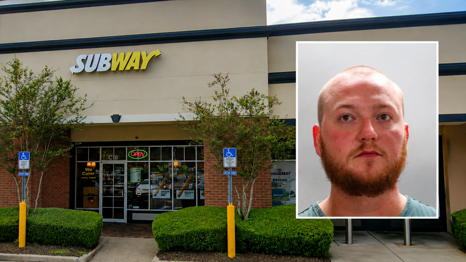 Subway storefront shown with an inset mugshot of a man.