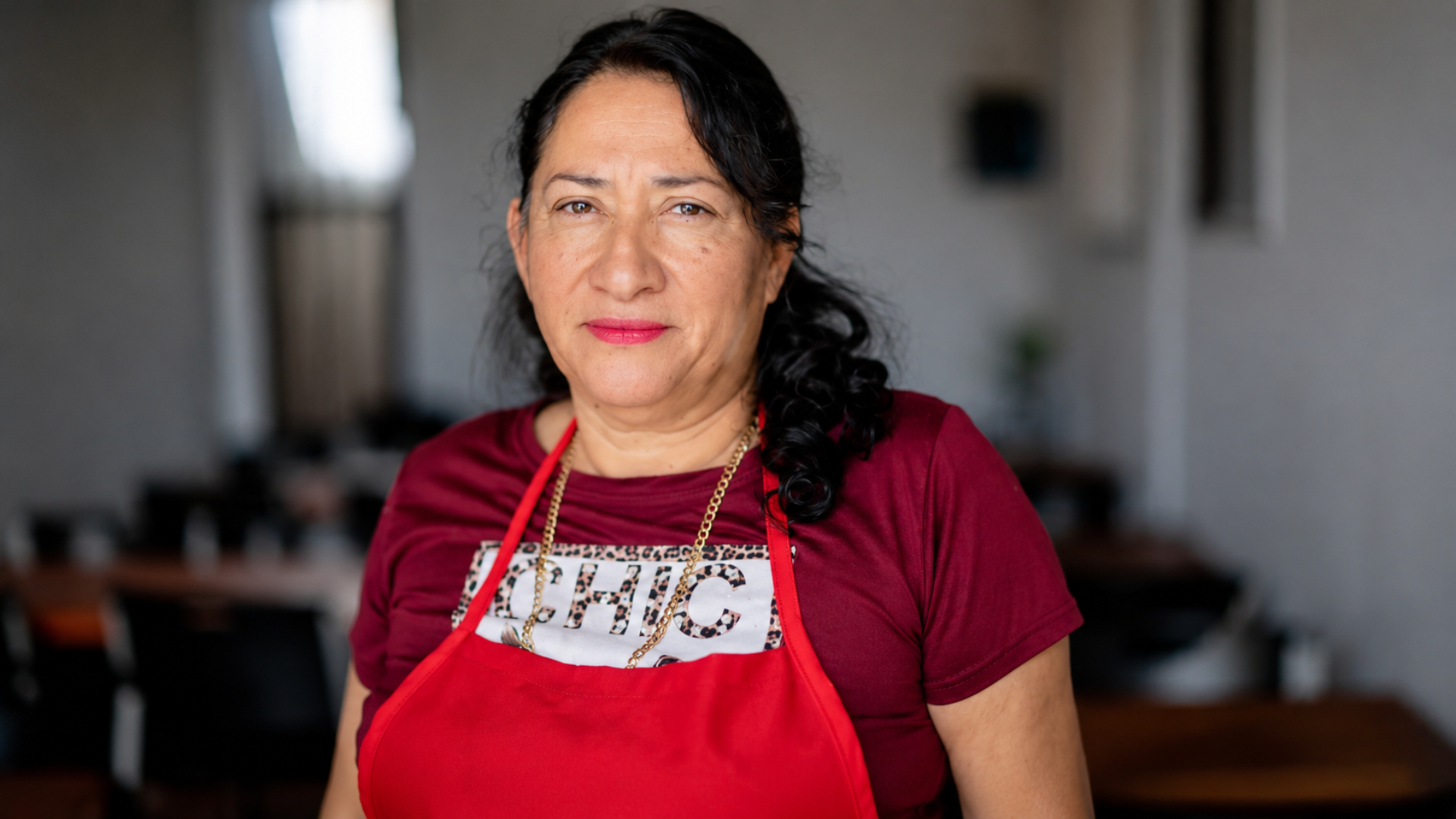 Woman wearing a red apron standing inside a restaurant or small business.