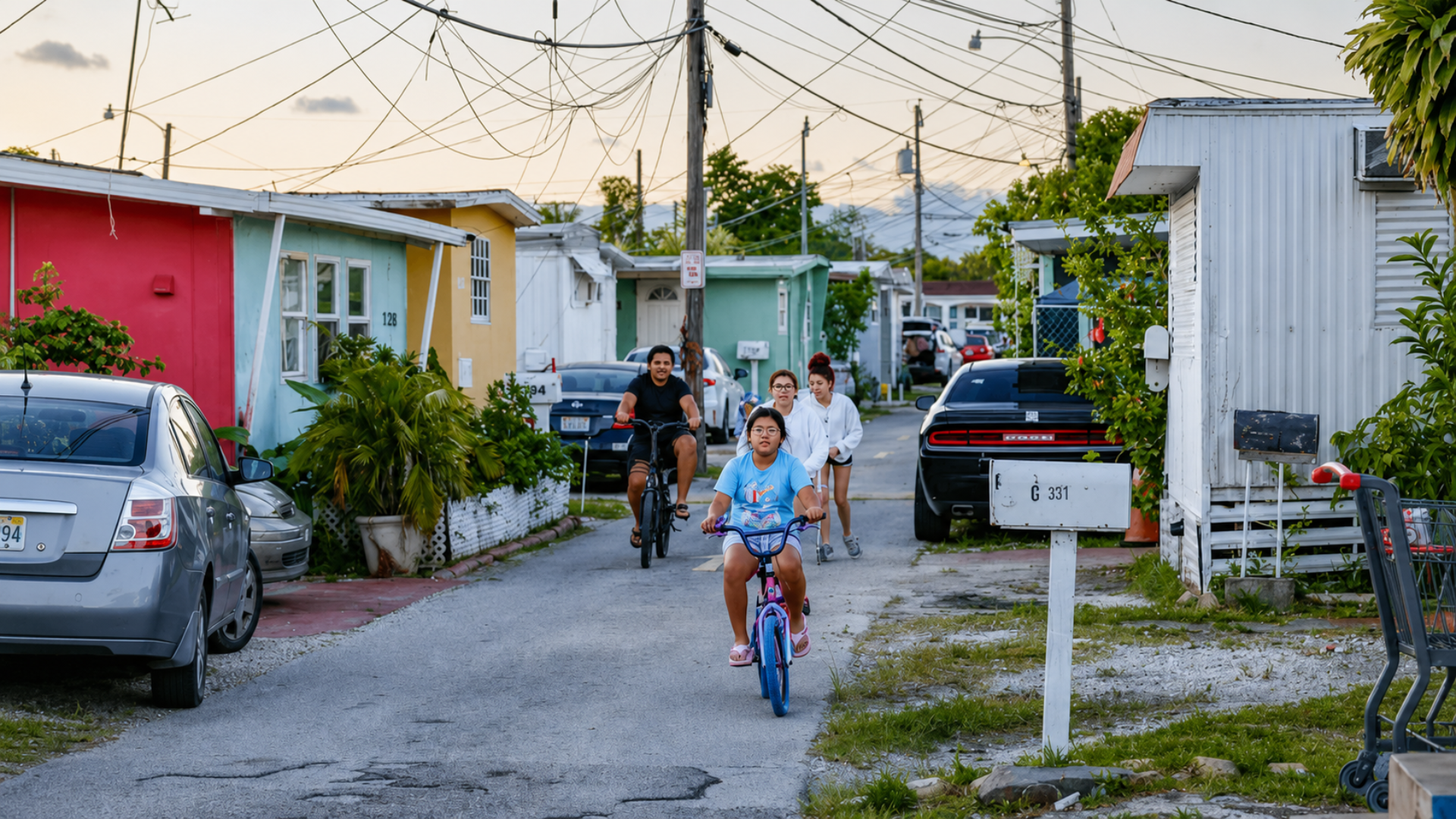 Children and adults riding bicycles through a residential neighborhood lined with colorful homes.