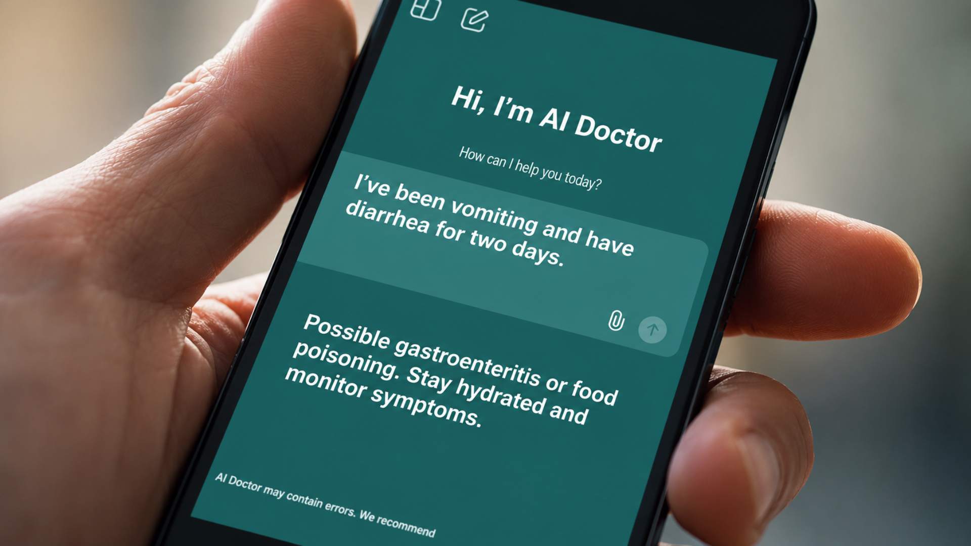 An over-the-shoulder shot of a hand holding a smartphone displaying an "AI Doctor" app interface.