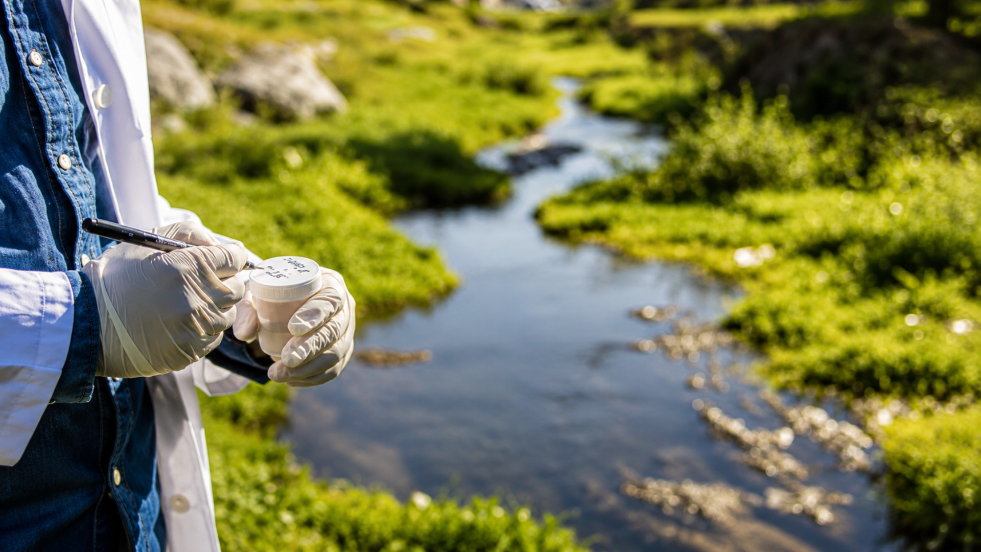 A close-up shot of an environmental scientist or hydrologist in a lab coat and white gloves using a black marker to label a plastic water sample vial next to a clean, flowing rural stream.