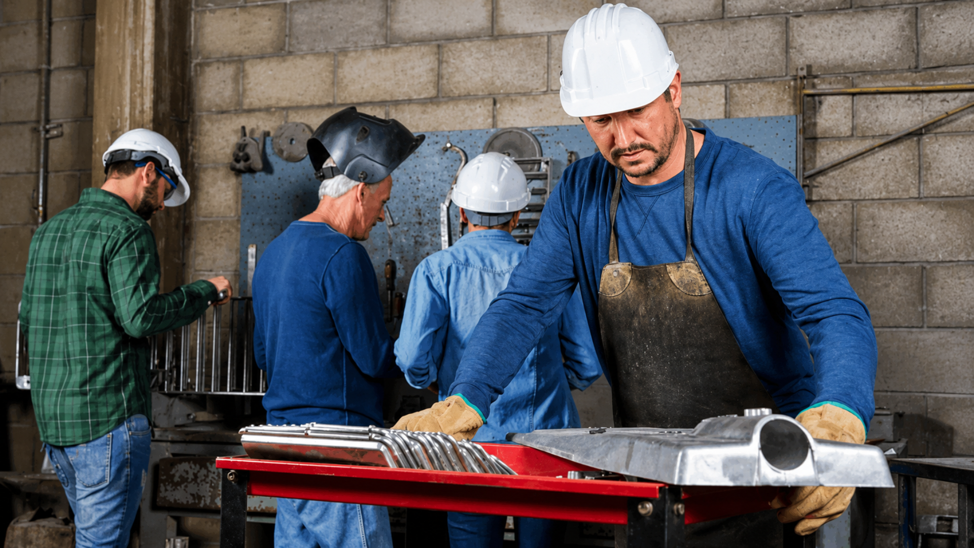 A medium interior shot of an industrial workshop with a cinderblock wall; four workers wearing white hard hats are engaged in fabrication and tool work, while a male mechanic in a soiled leather apron works at a red utility cart holding curved steel pipe and sheet metal components.
