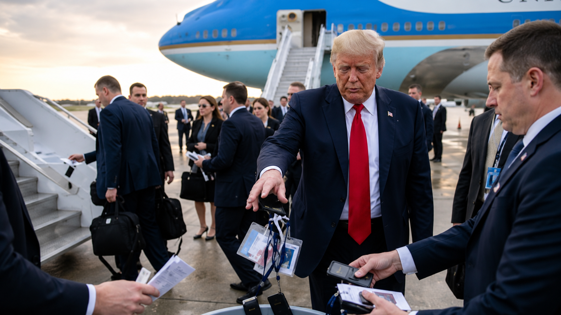 Donald Trump drops a handful of security badges and lanyards into a collection bin on an airport tarmac next to Air Force One, surrounded by secret service agents.