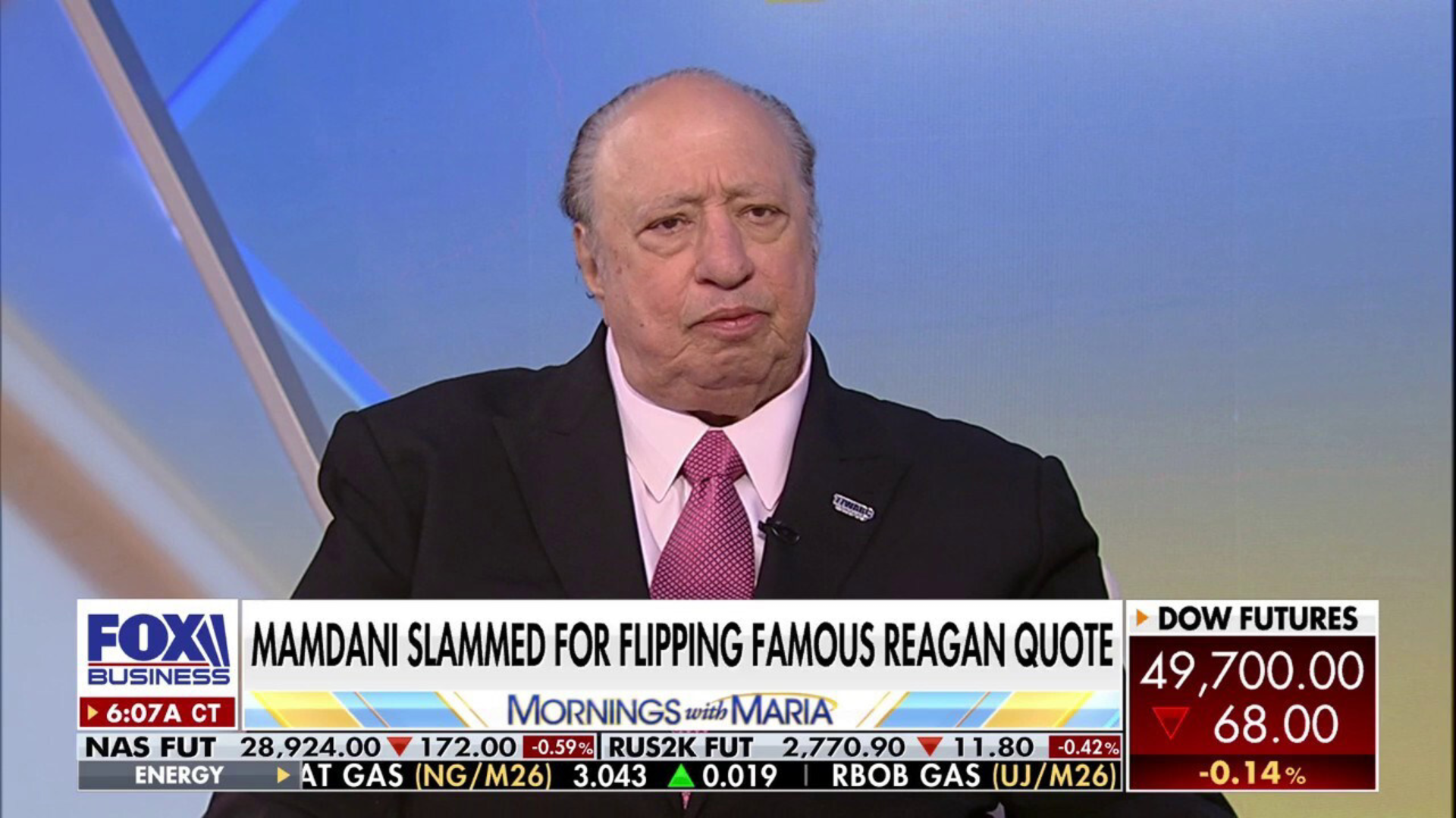 John Catsimatidis appears on a Fox Business broadcast with a chyron reading "MAMDANI SLAMMED FOR FLIPPING FAMOUS REAGAN QUOTE."