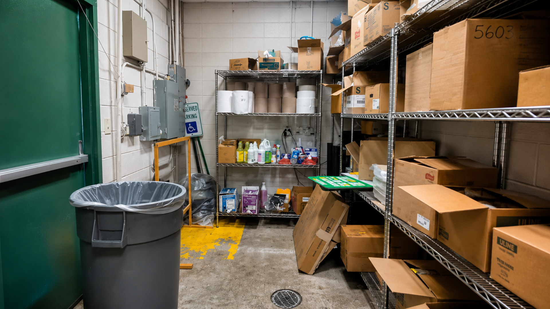 Subway storage room with boxes, cleaning supplies, and shelves.