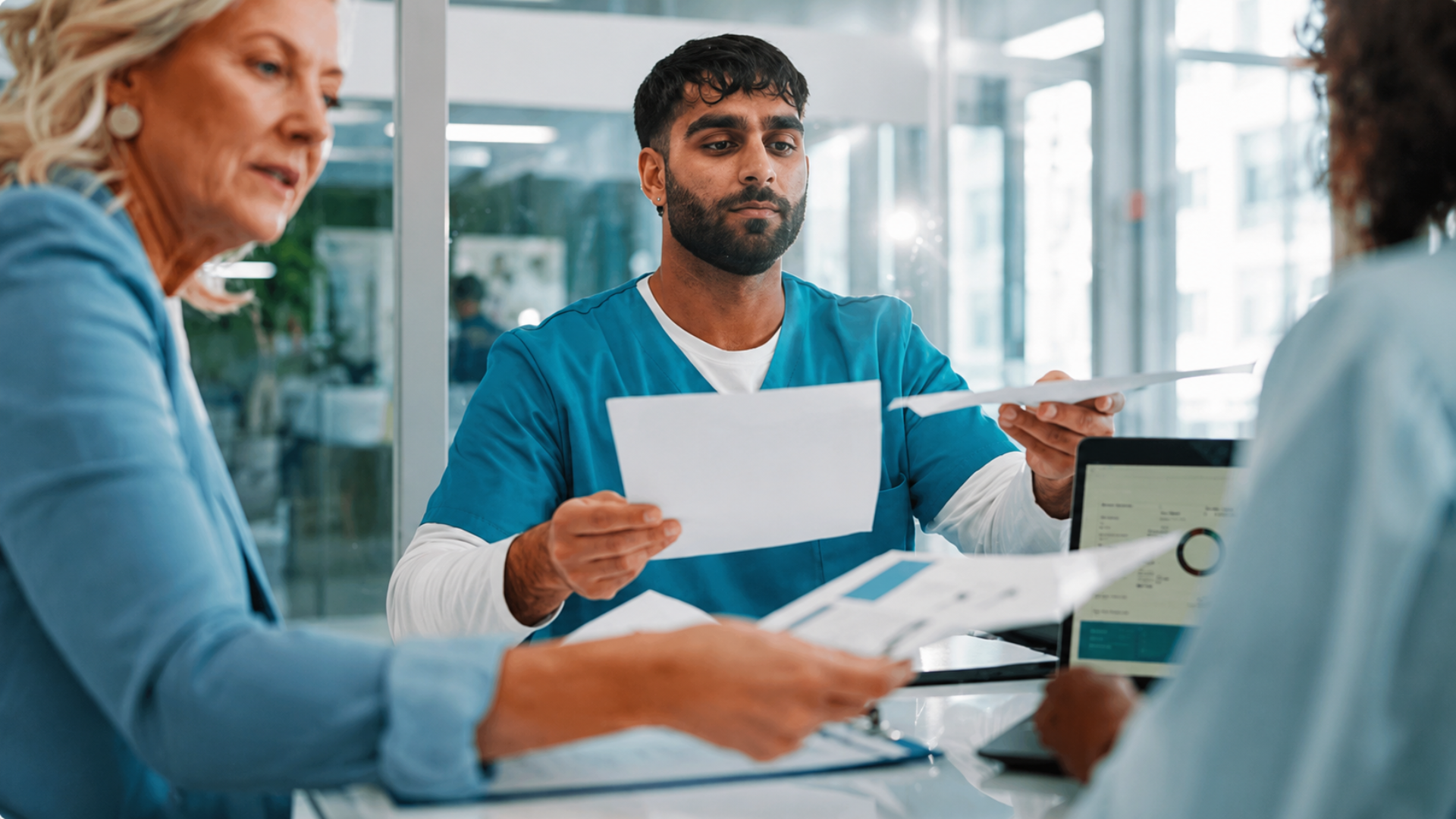 Healthcare workers reviewing patient paperwork at a medical office desk.