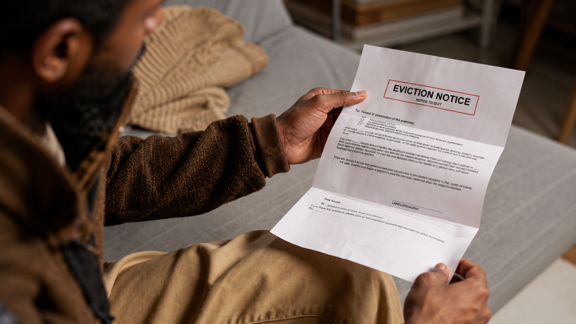 Man sitting on a couch reading an eviction notice document at home.