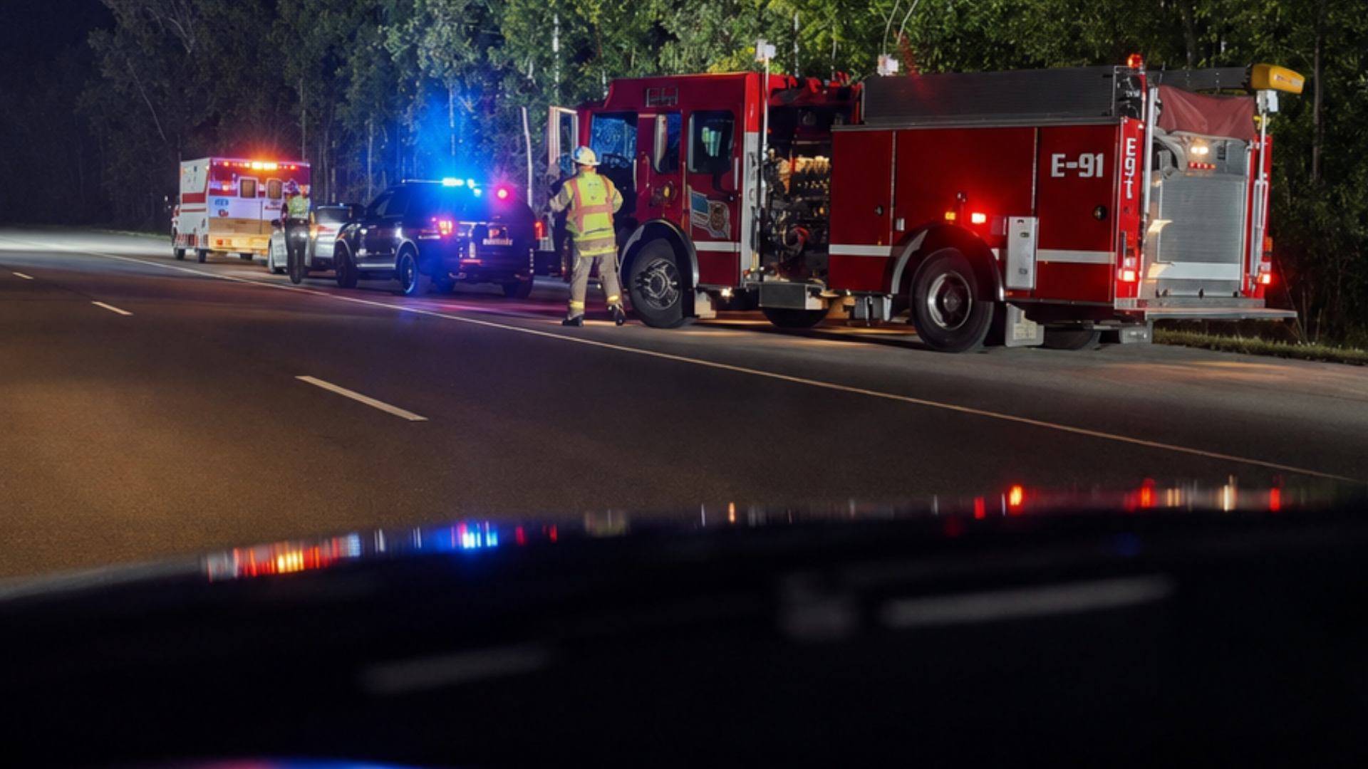 A dramatic nighttime emergency scene on the side of a highway; a large red fire engine with "E-91" on the back panel is parked with its hazard lights flashing alongside a police cruiser with blue-and-red flashing lights, with an ambulance visible further down the road.