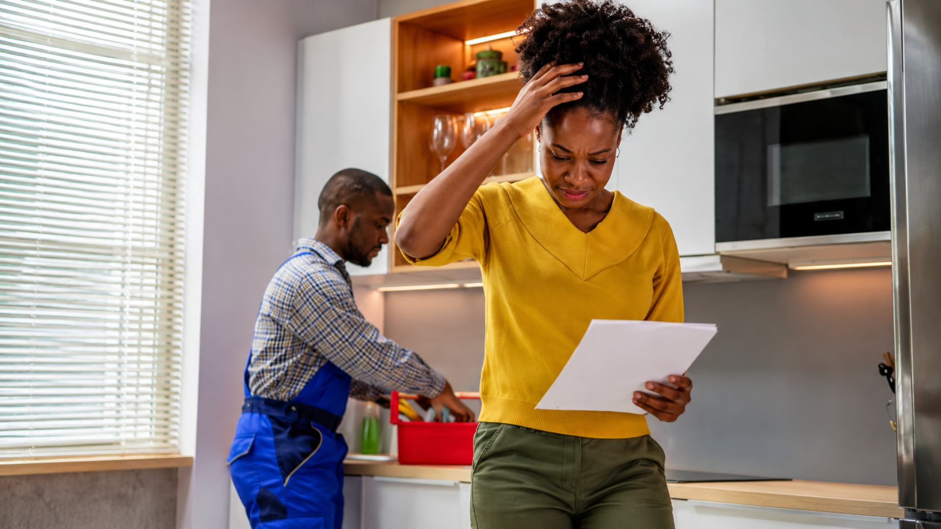 A kitchen setting showing a frustrated woman holding a piece of paper with her hand to her head, while a male technician in blue overalls works with tools in the background.