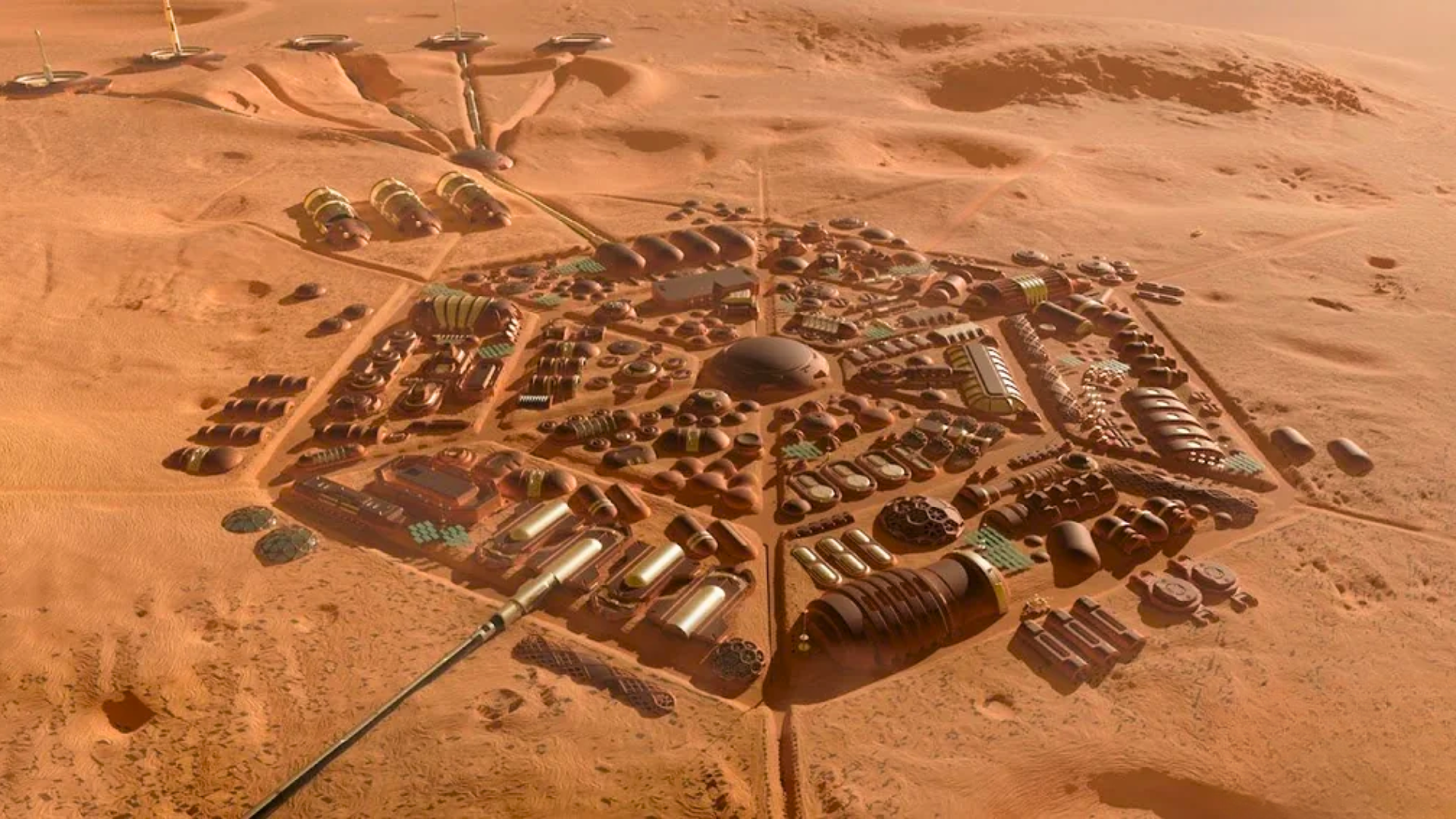 A 3D architectural rendering of a futuristic, sprawling hexagonal colony base constructed on the dusty red desert surface of Mars.