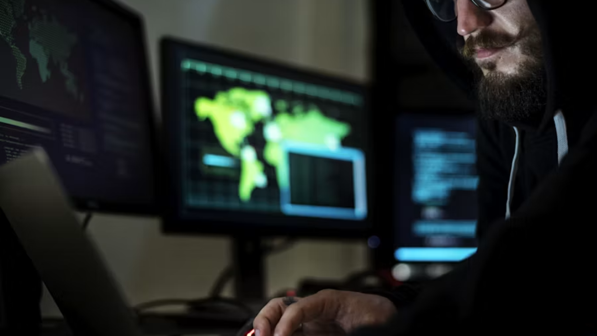 A side profile of a bearded man wearing a black hoodie and glasses, typing on a laptop in front of multiple computer monitors showing green world maps and code grids.