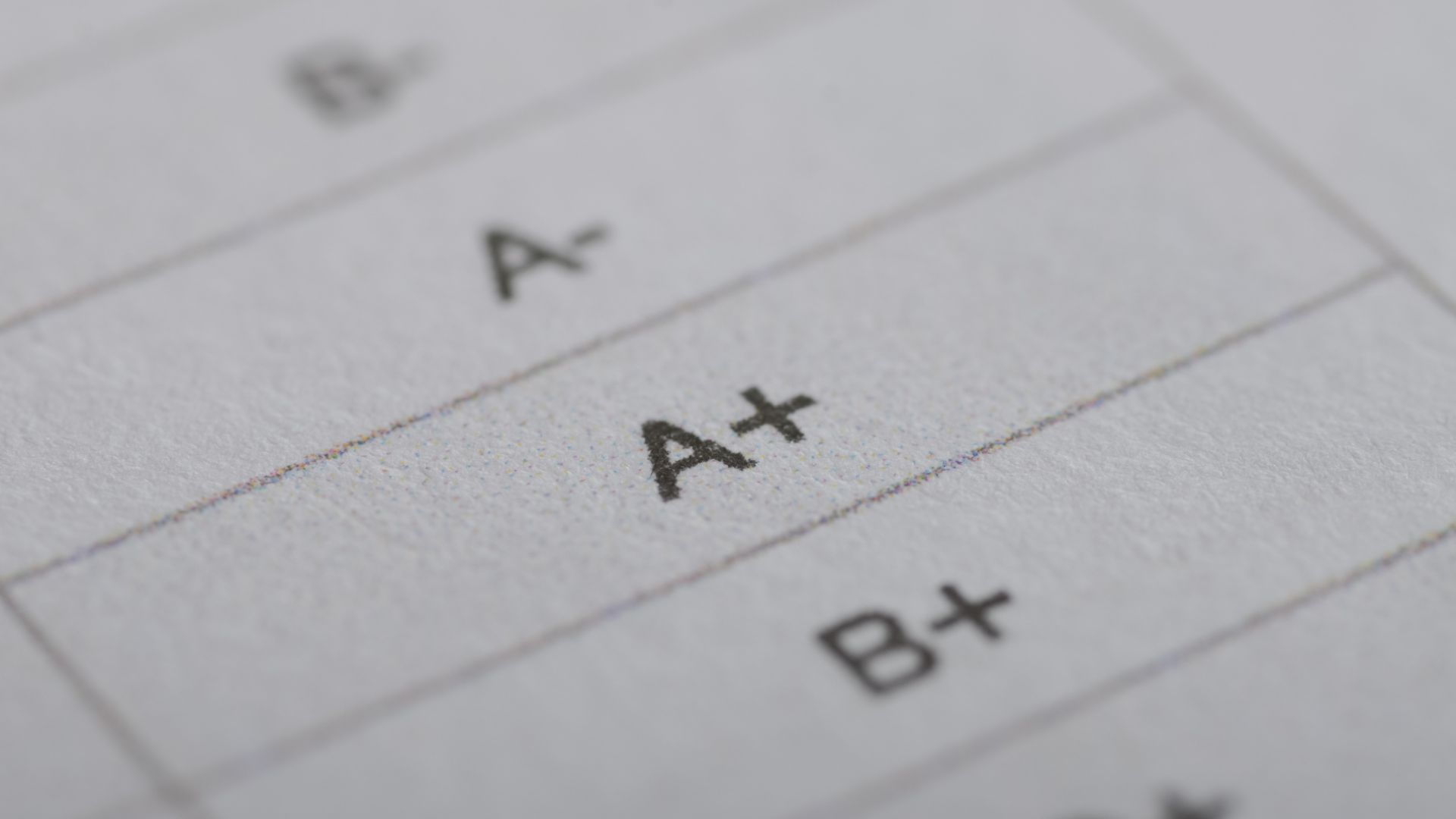 Close up of a report card showing an “A+” grade printed in bold black text.