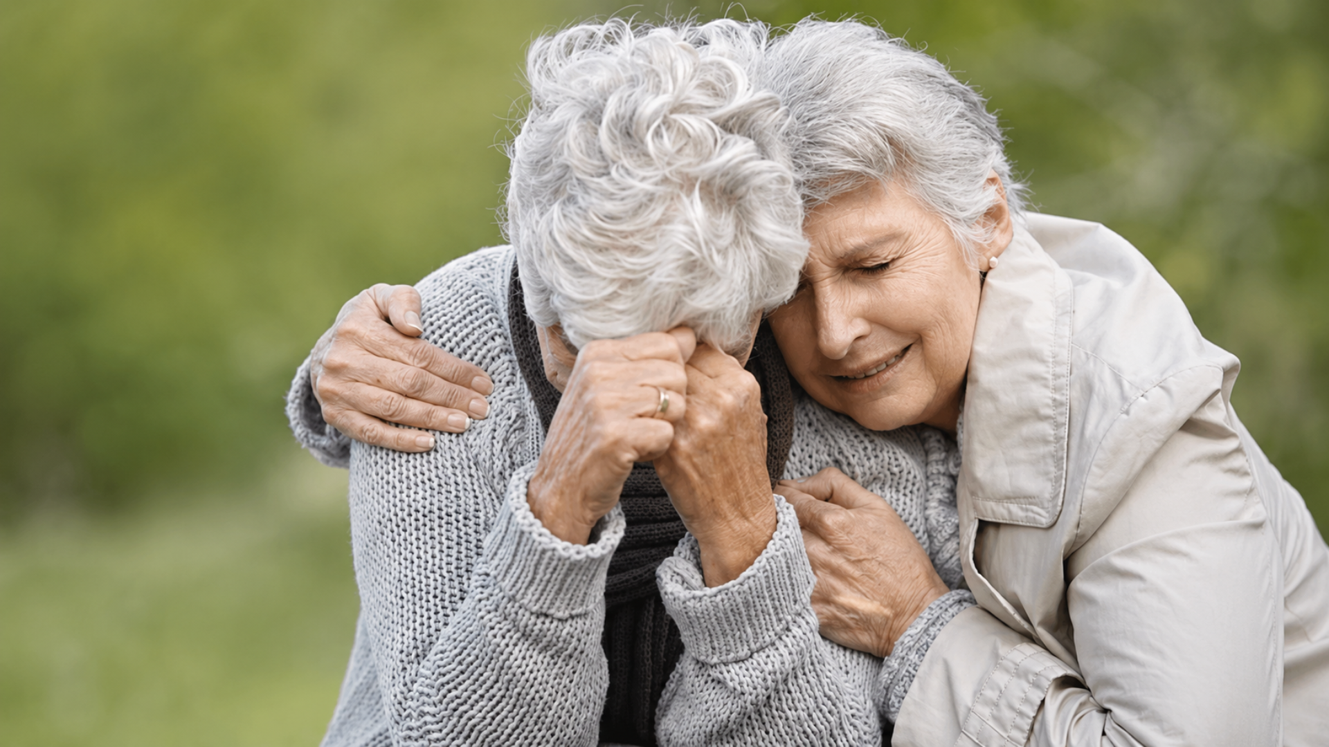 Elderly woman comforting another senior woman who appears distressed outdoors.