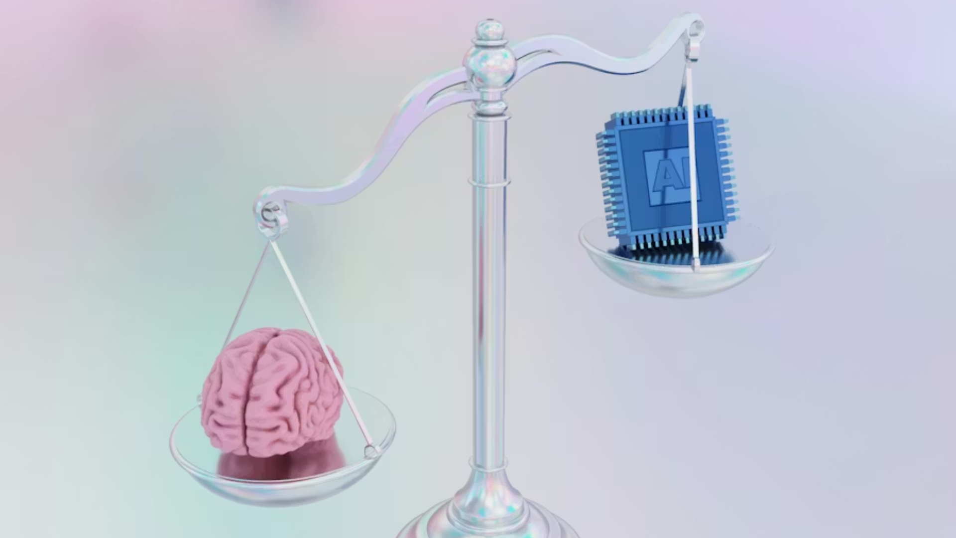 A minimal 3D conceptual graphic of a metallic silver scale of justice set against a soft pastel background; a small pink human brain rests on the left pan, while a blue electronic microchip labeled "AI" sits on the right pan, weighing human cognition against technology.
