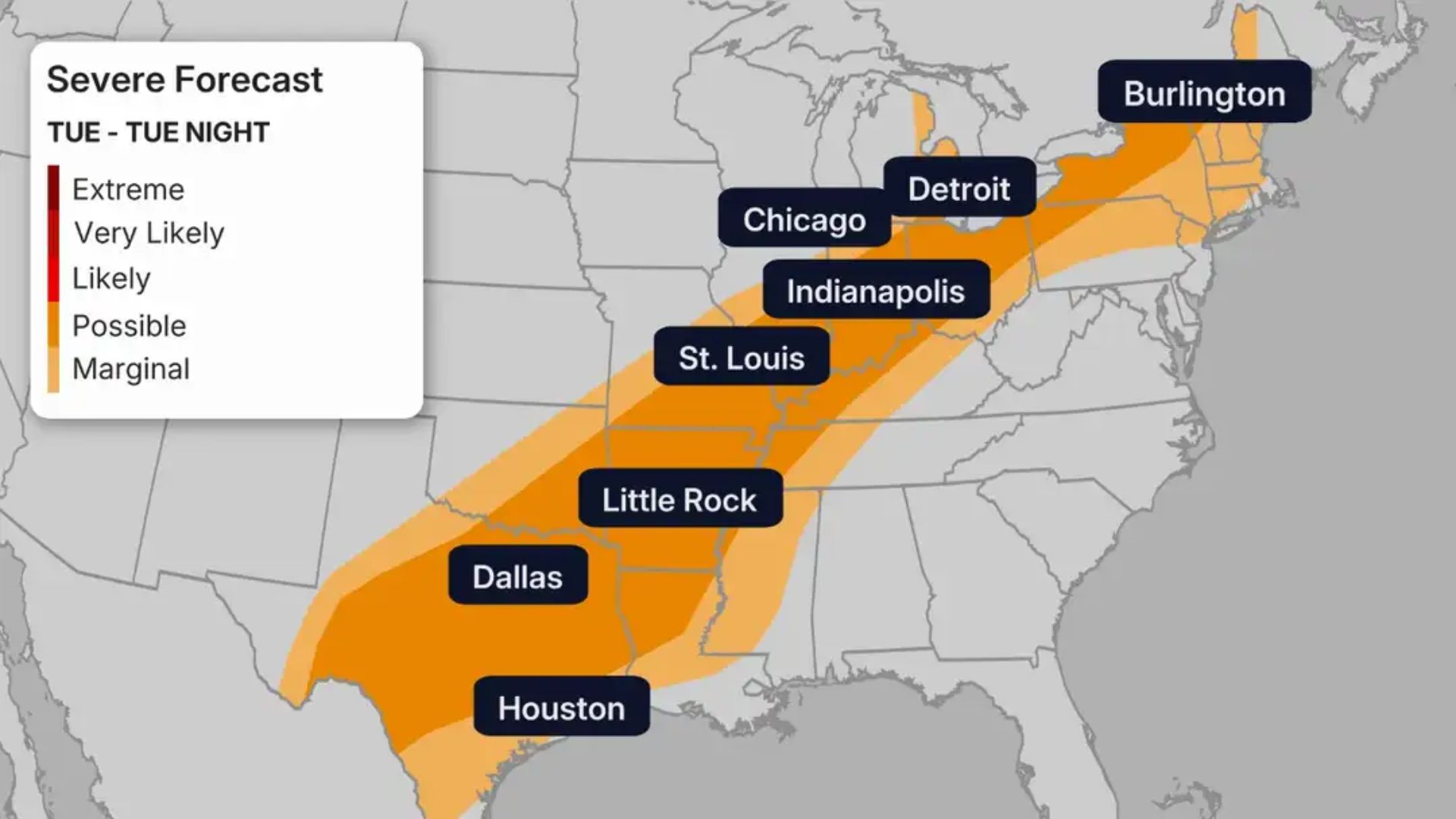 Weather forecast map showing a severe storm risk stretching from Texas to the Northeast with highlighted cities including Houston, Dallas, Little Rock, St. Louis, Indianapolis, Chicago, Detroit, and Burlington.
