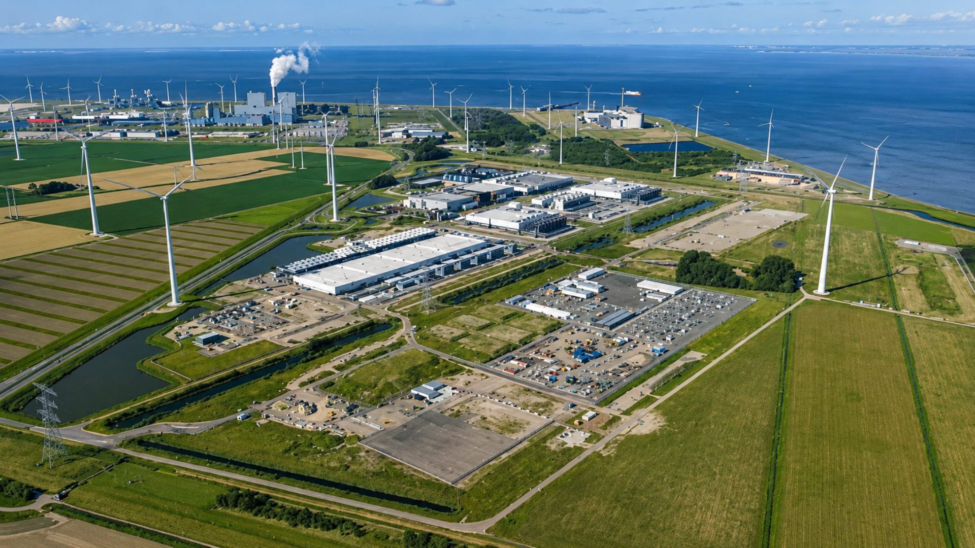 A panoramic aerial shot of a modern hyperscale data center campus situated along a coastline; multiple white warehouse-style buildings are surrounded by green fields, an electrical substation, and a vast array of tall white wind turbines.