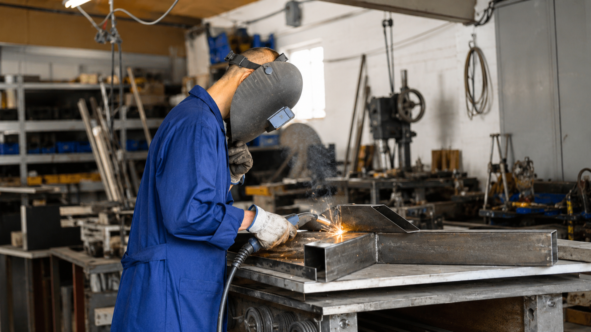 A medium shot of a metal fabricator wearing a blue protective coat, heavy gloves, and a raised welding mask; he works at a metal table using a MIG welding torch that emits bright orange sparks as he joins steel box tubing inside a workshop.