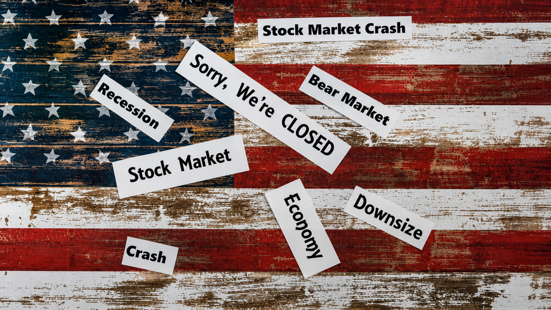 A flat-lay shot of paper strips with economic phrases like "Recession," "Bear Market," and "Stock Market Crash" scattered across a distressed, weathered wooden American flag.