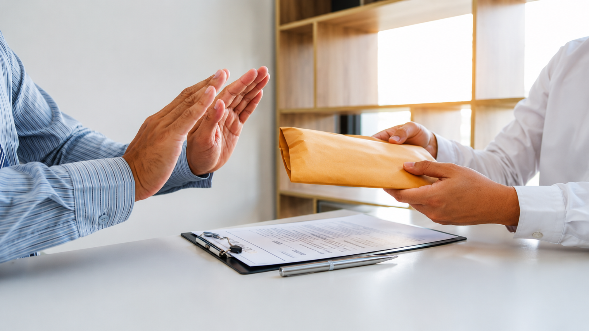 A close-up of a person pushing their hands up in a "stop" gesture to refuse a brown manila envelope being handed to them across a desk.